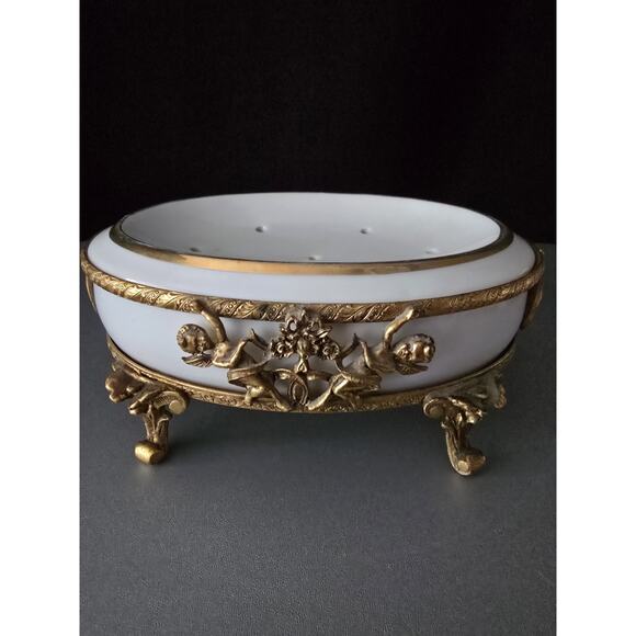 Vintage Globe 24K Gold Plated Filigree Ornate Cherub Porcelain - Picture 3 of 6